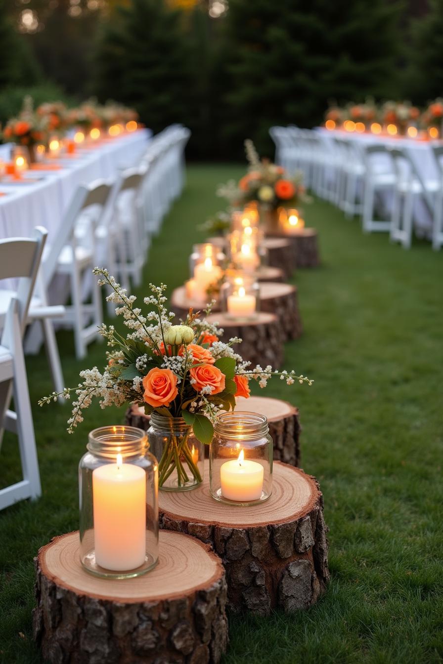 Rustic aisle adorned with wooden stumps, candles, and floral arrangements