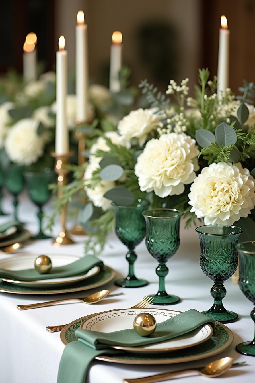 Table set with white flowers, green glasses, and candles