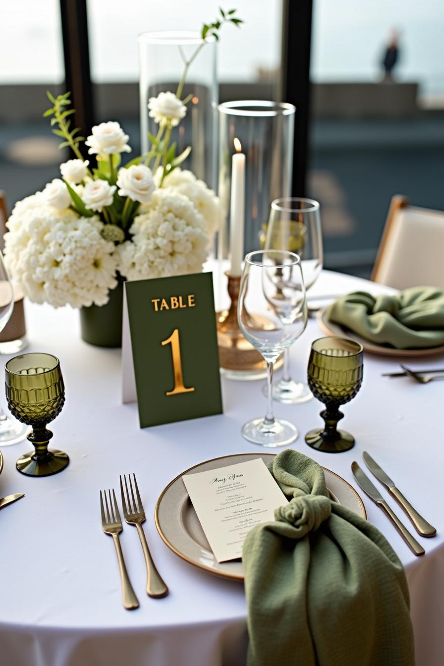 Elegant table setting with white flowers and green accents