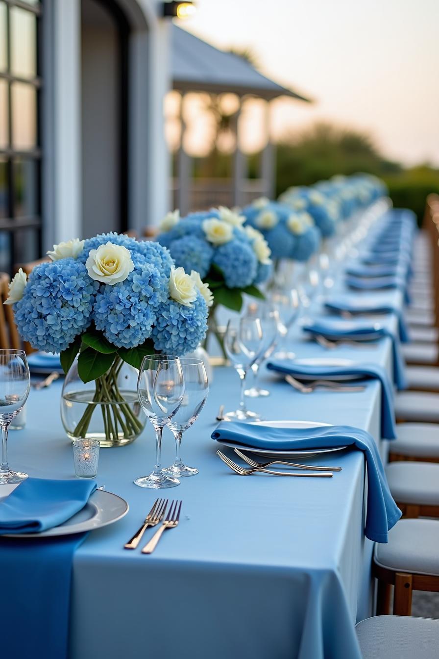 Elegant blue table setting with vibrant floral arrangements