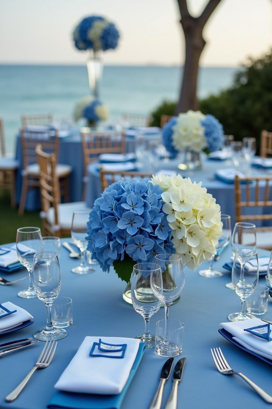 Elegant table setting with blue and white floral arrangements by the sea