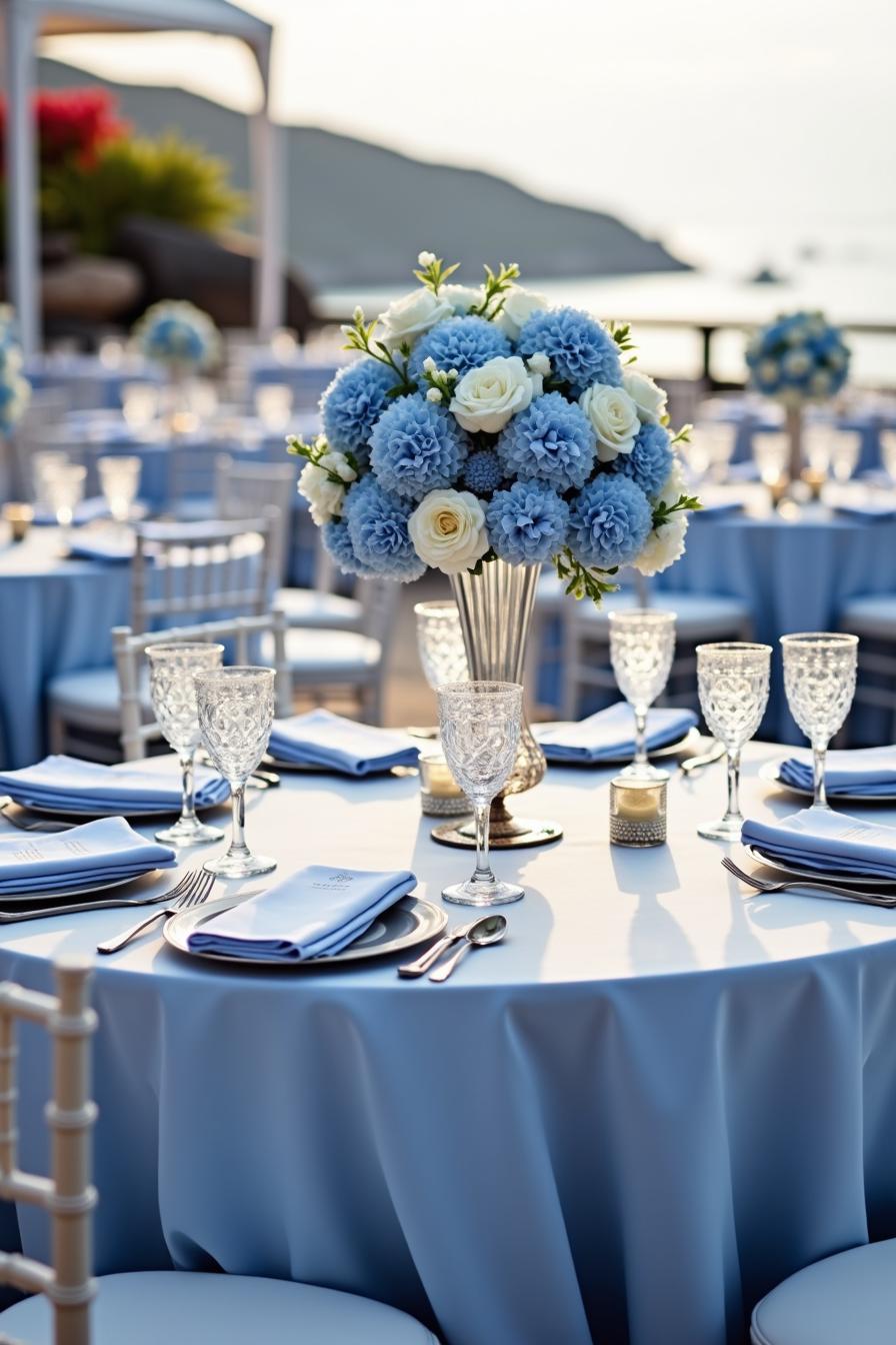 Elegant blue wedding table setting with floral centerpiece