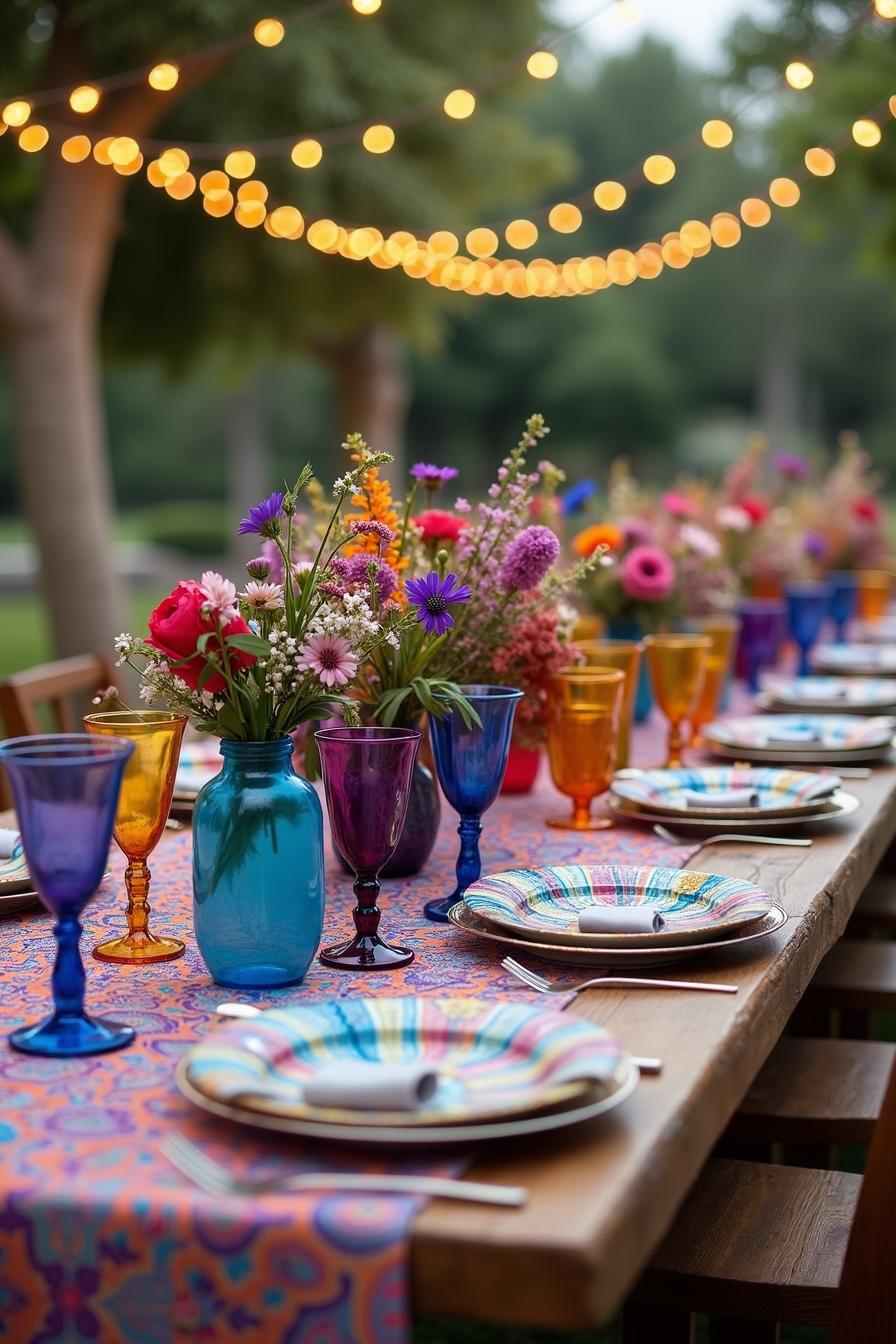 Colorful glassware and flowers on a wooden wedding banquet table with string lights