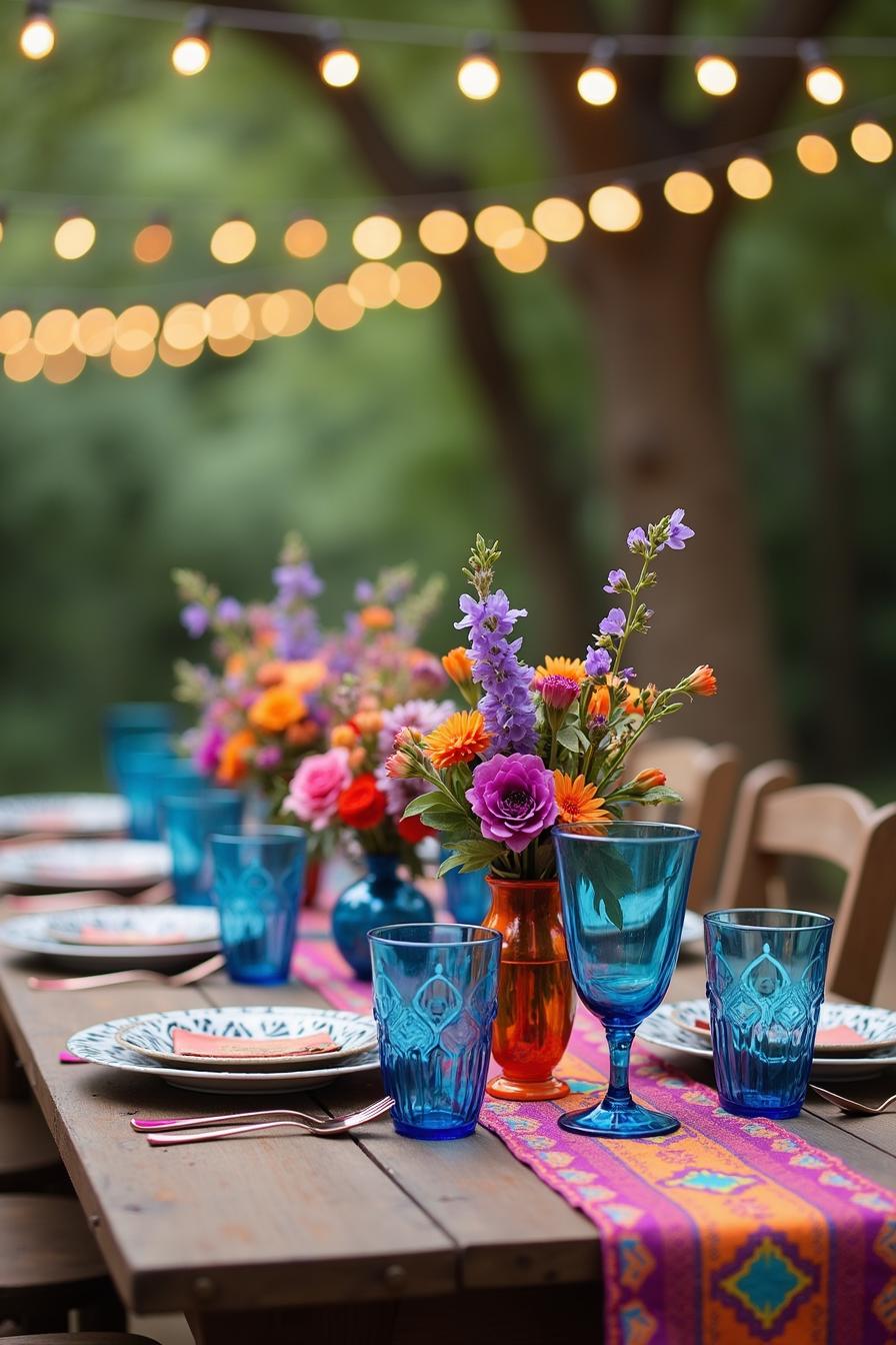 Vibrant table setting with colorful flowers and string lights