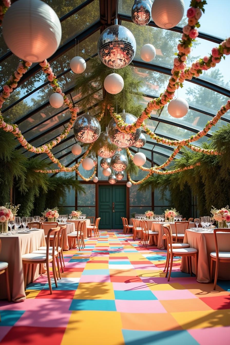 Colorful wedding venue with disco balls and floral decor