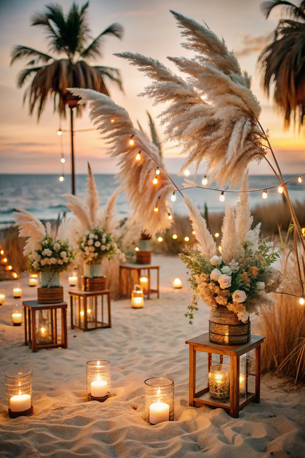 Boho wedding decor with pampas grass and candles by the sea