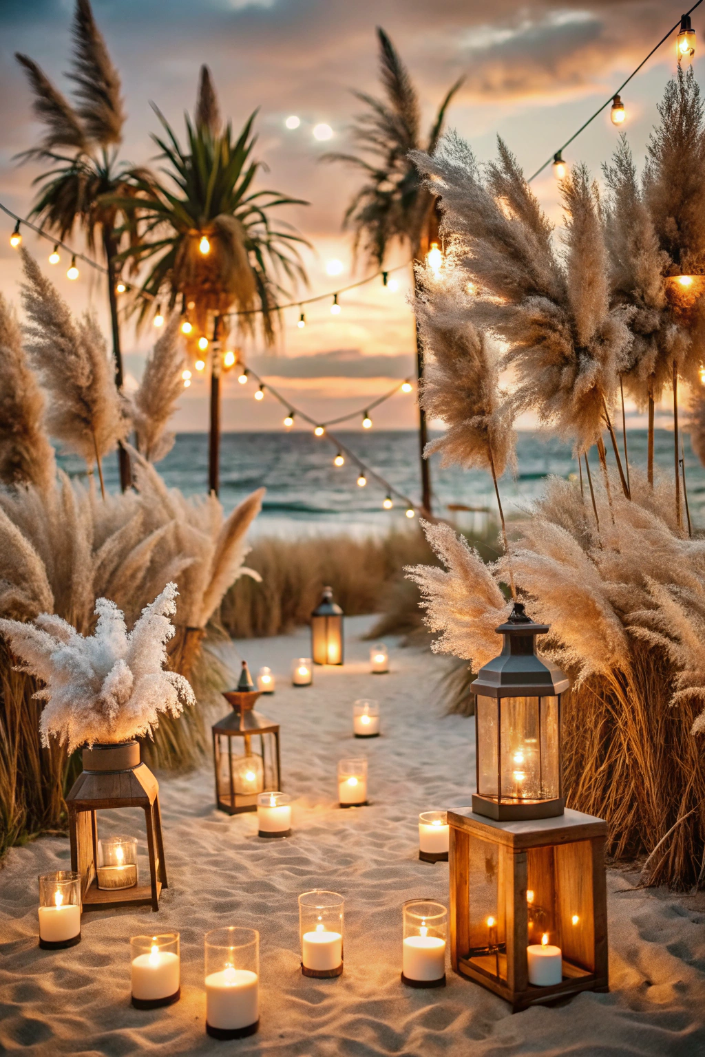 A dreamy beach wedding setup with pampas grass and lanterns