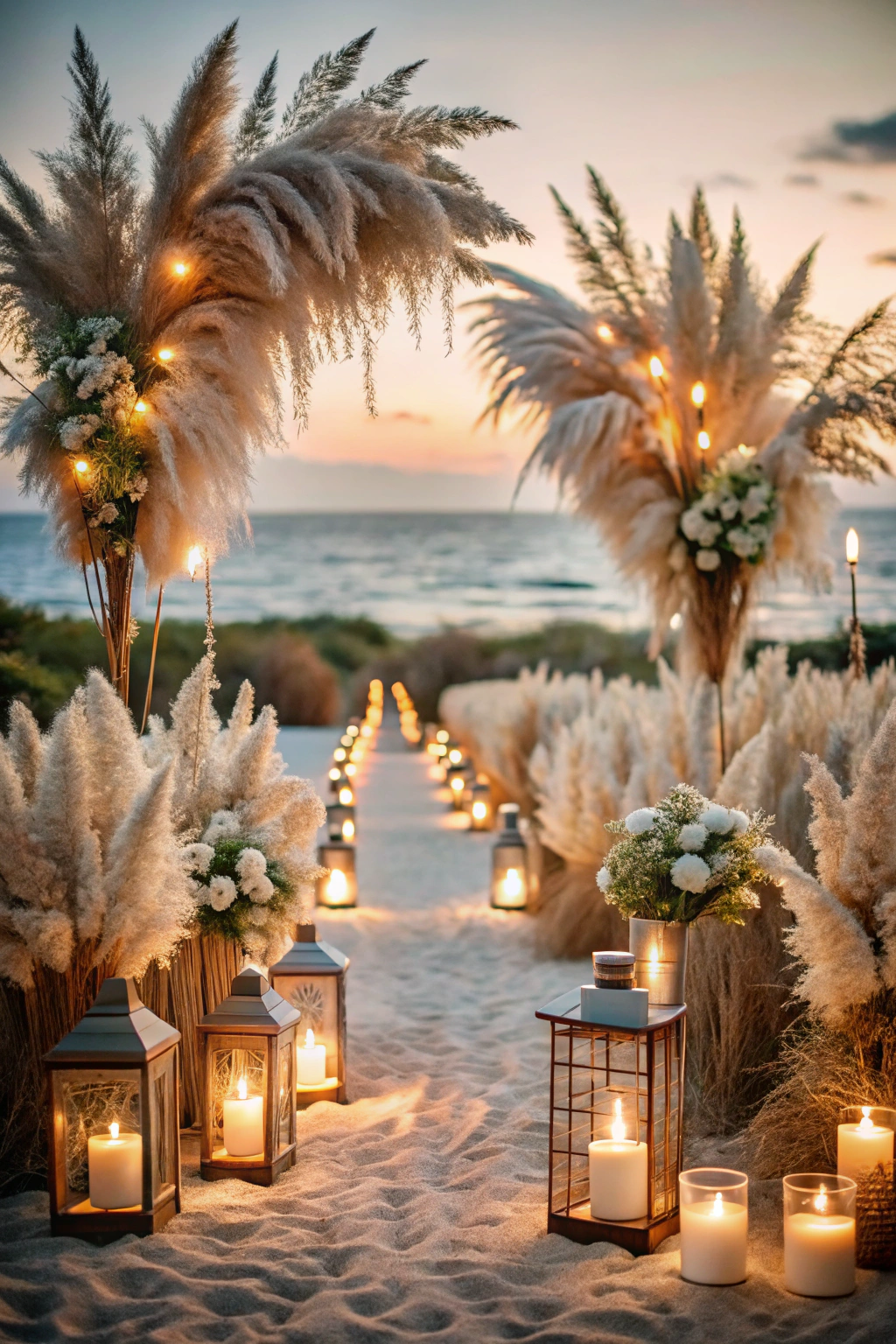 Pampas and lanterns on a sandy wedding path