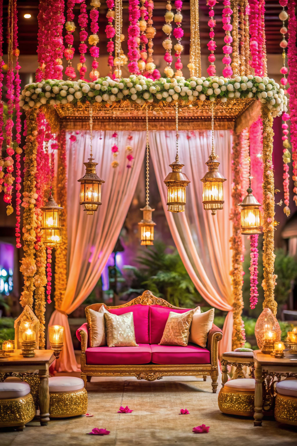 Opulent gold and pink wedding setup with floral canopy