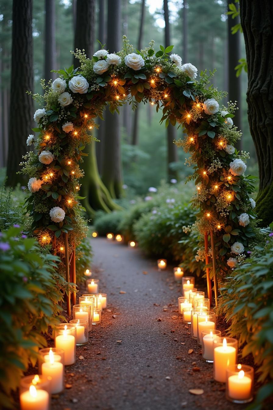 Fairy-lit floral arch with candles