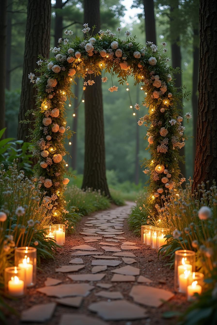 Flower-adorned archway in a forest setting