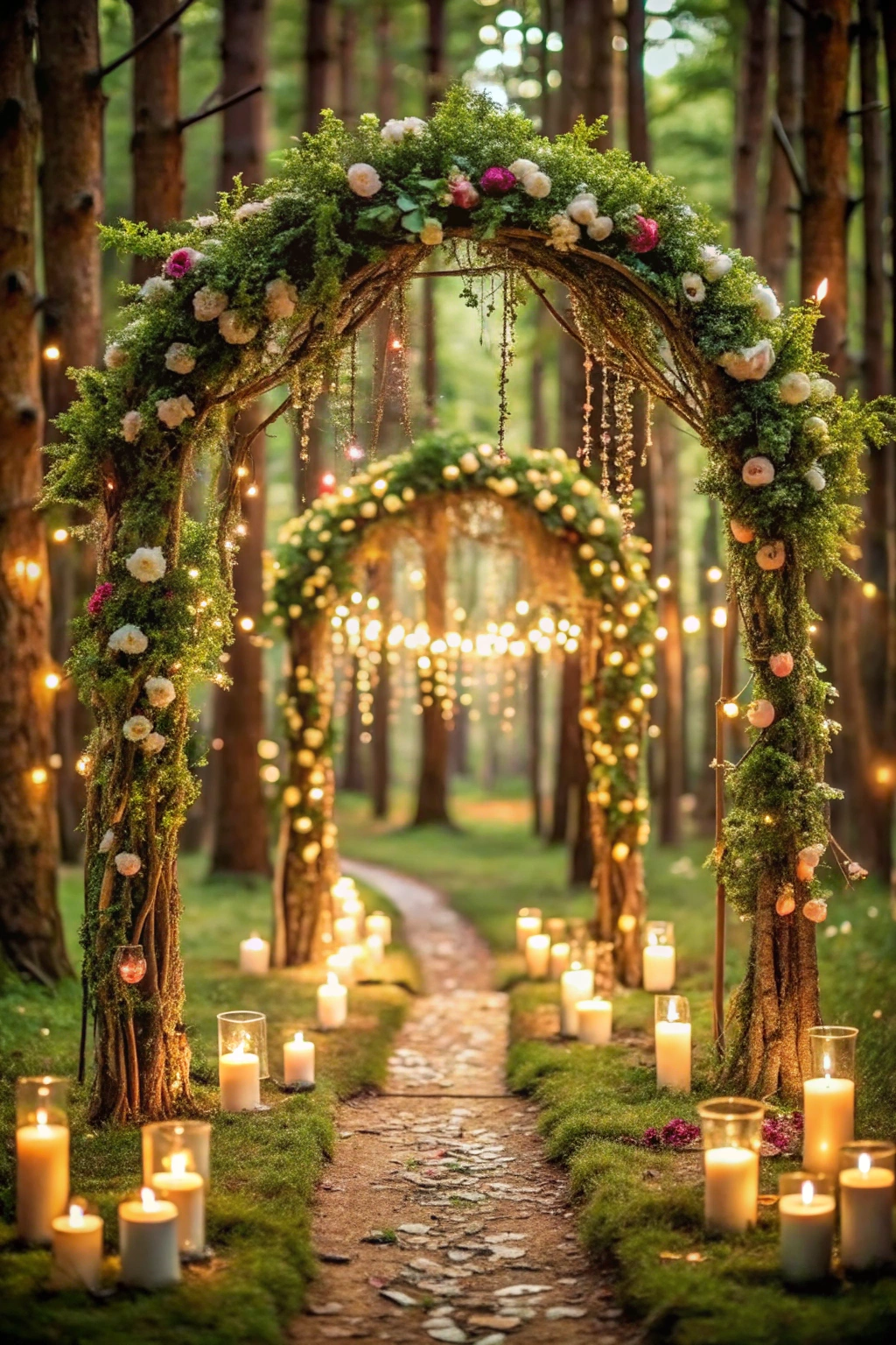 Romantic forest wedding arch adorned with candles and flowers