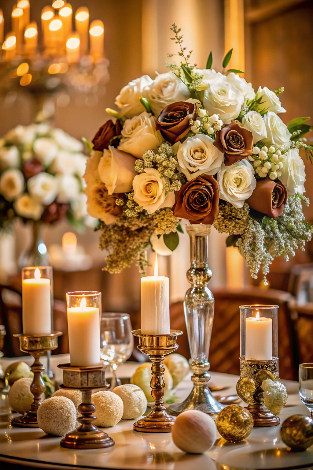 Beautiful floral arrangement with candles on a wedding table