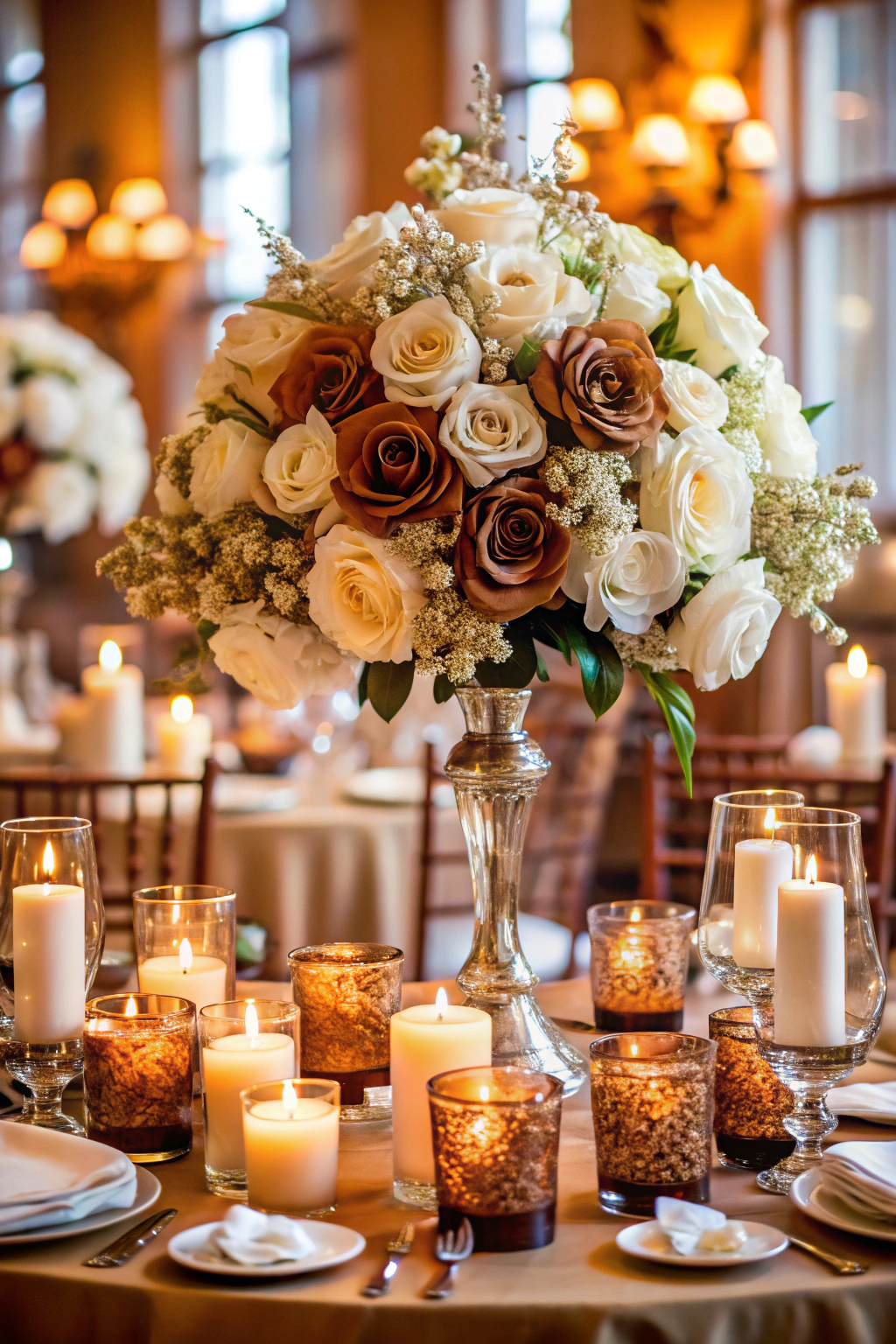 Bouquet of brown and white roses with candles