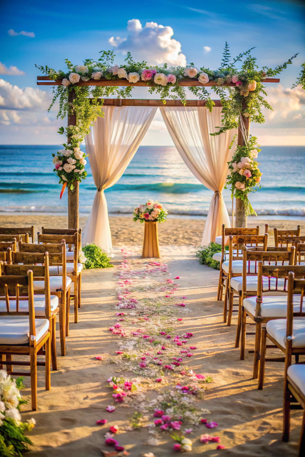 Beach wedding setup with flowers and chairs