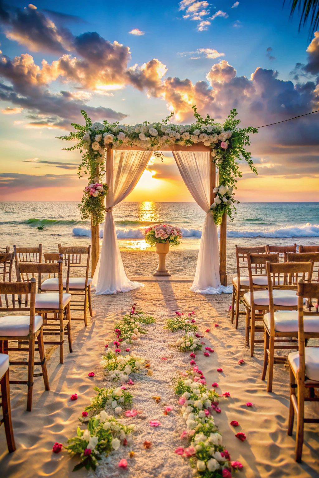 Beachfront wedding arch at sunset with floral aisle