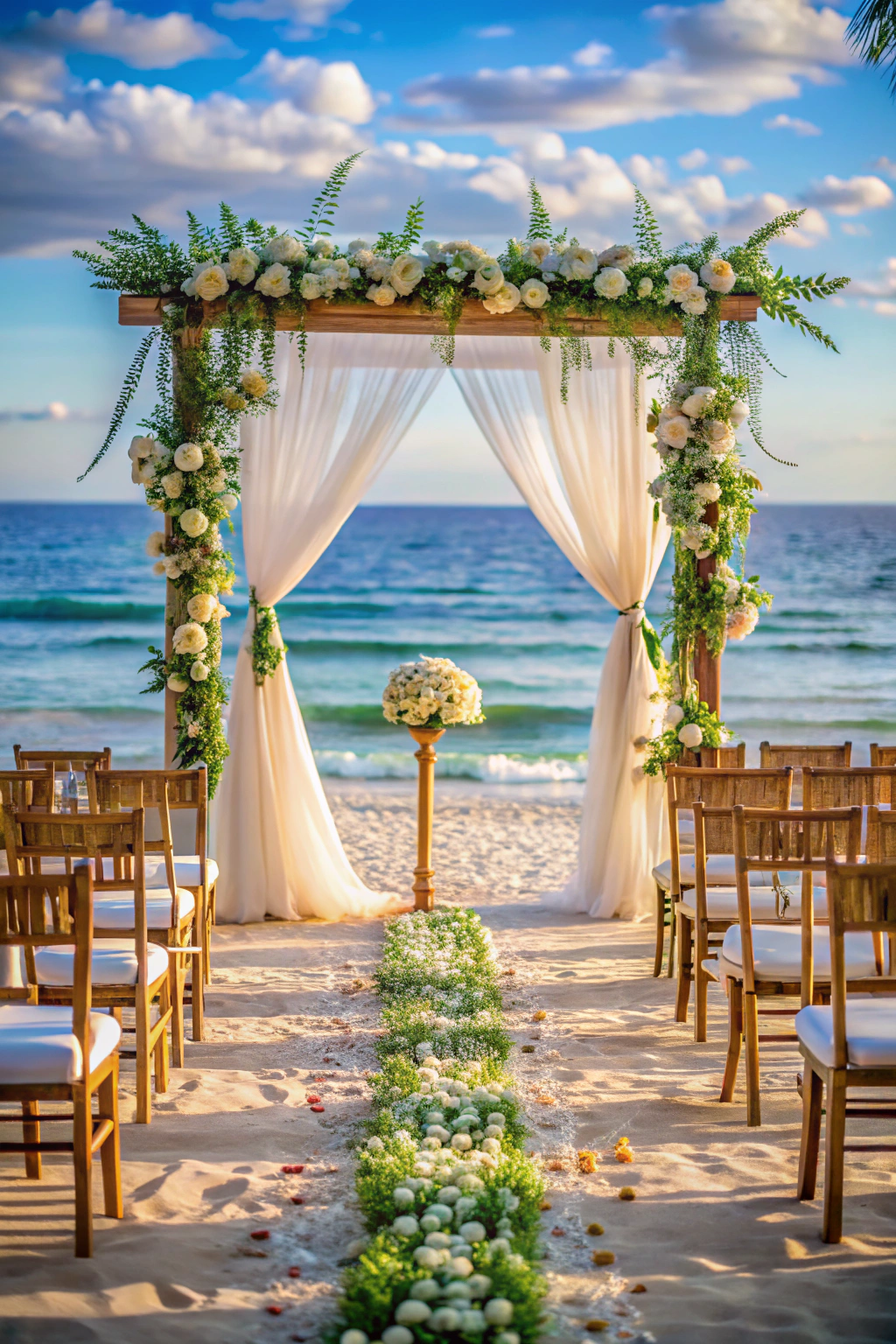 Beachfront wedding setup with floral aisle and arch