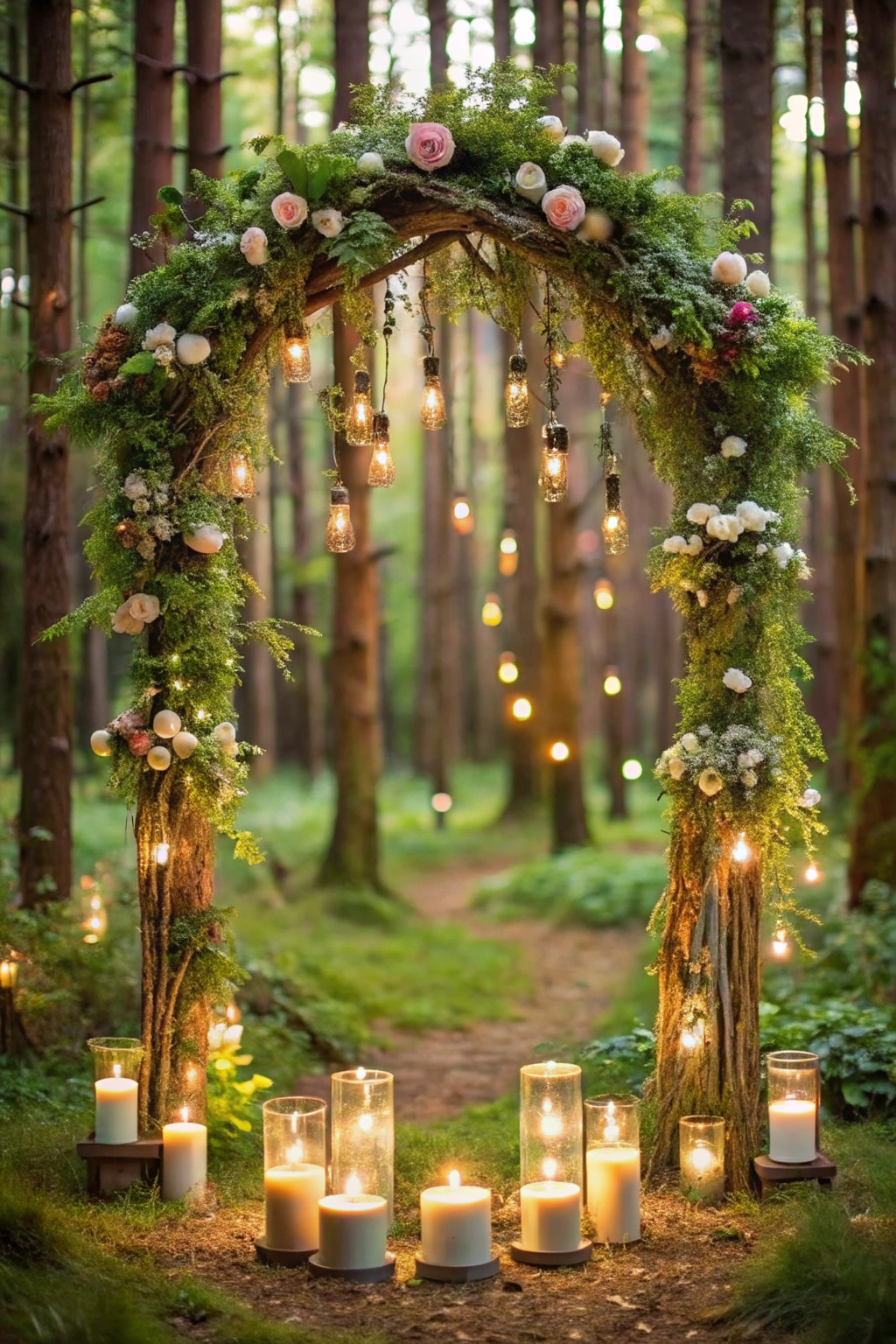 Woodland arch adorned with flowers and hanging lights