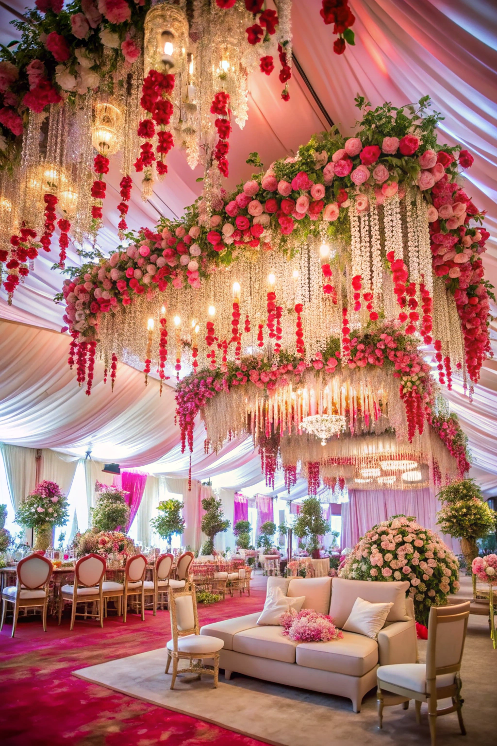 Elegant wedding decor with cascading flowers and plush seating