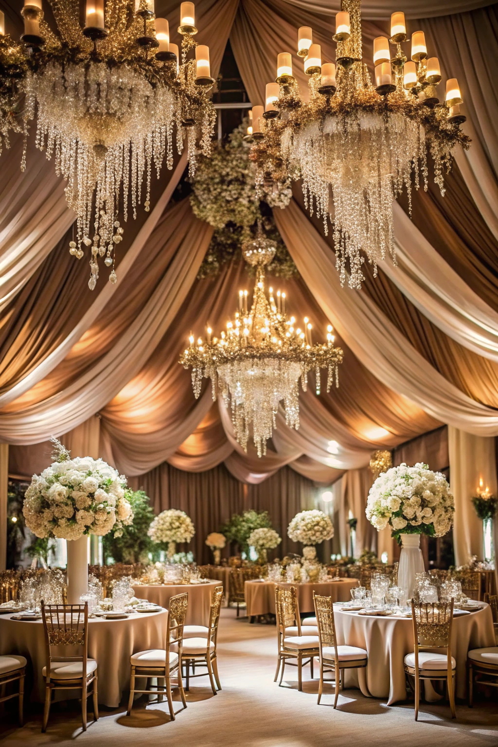 Lavish ballroom with brown drapery and chandeliers