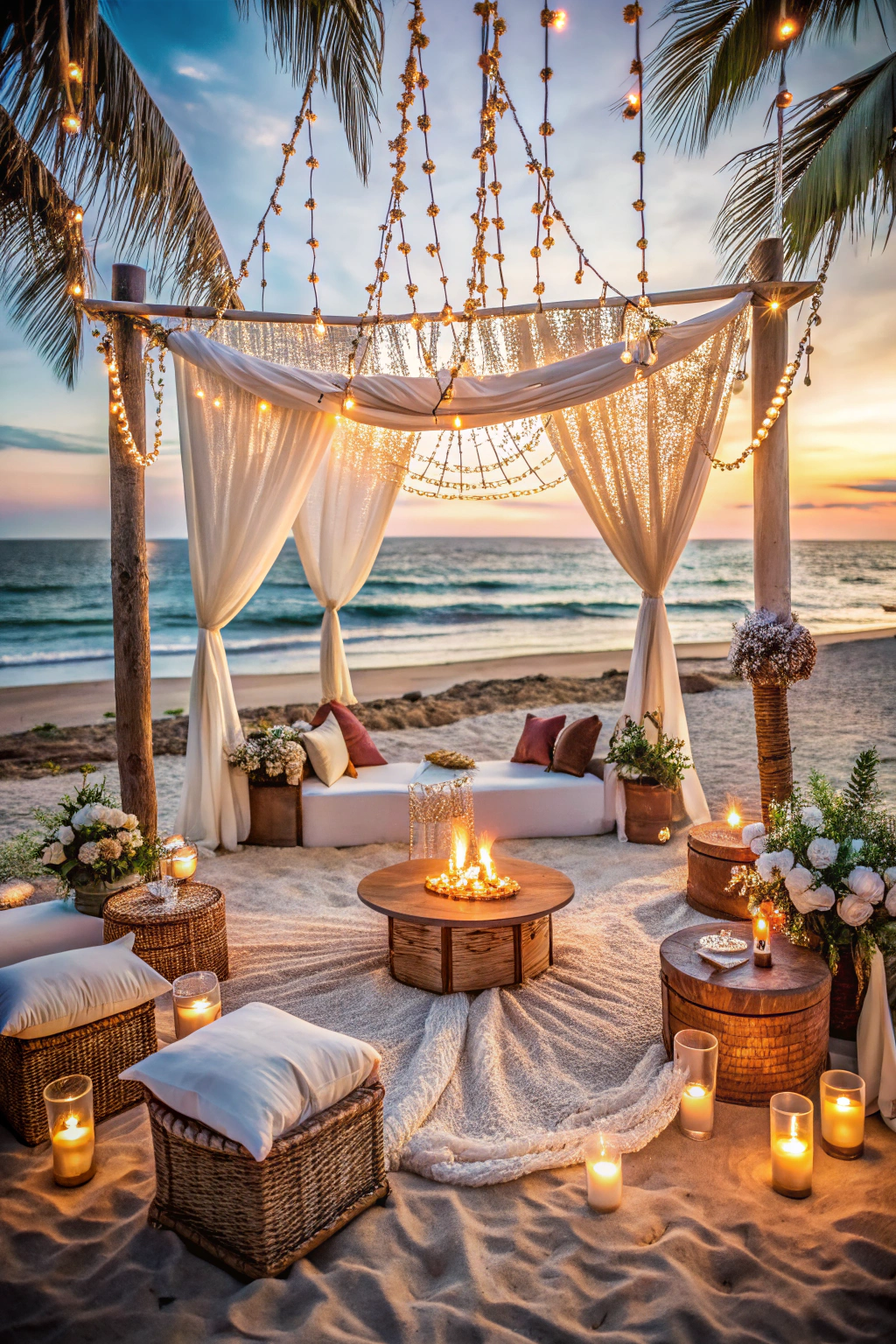 Boho beach wedding setup with cozy seating, flickering candles, and ocean view