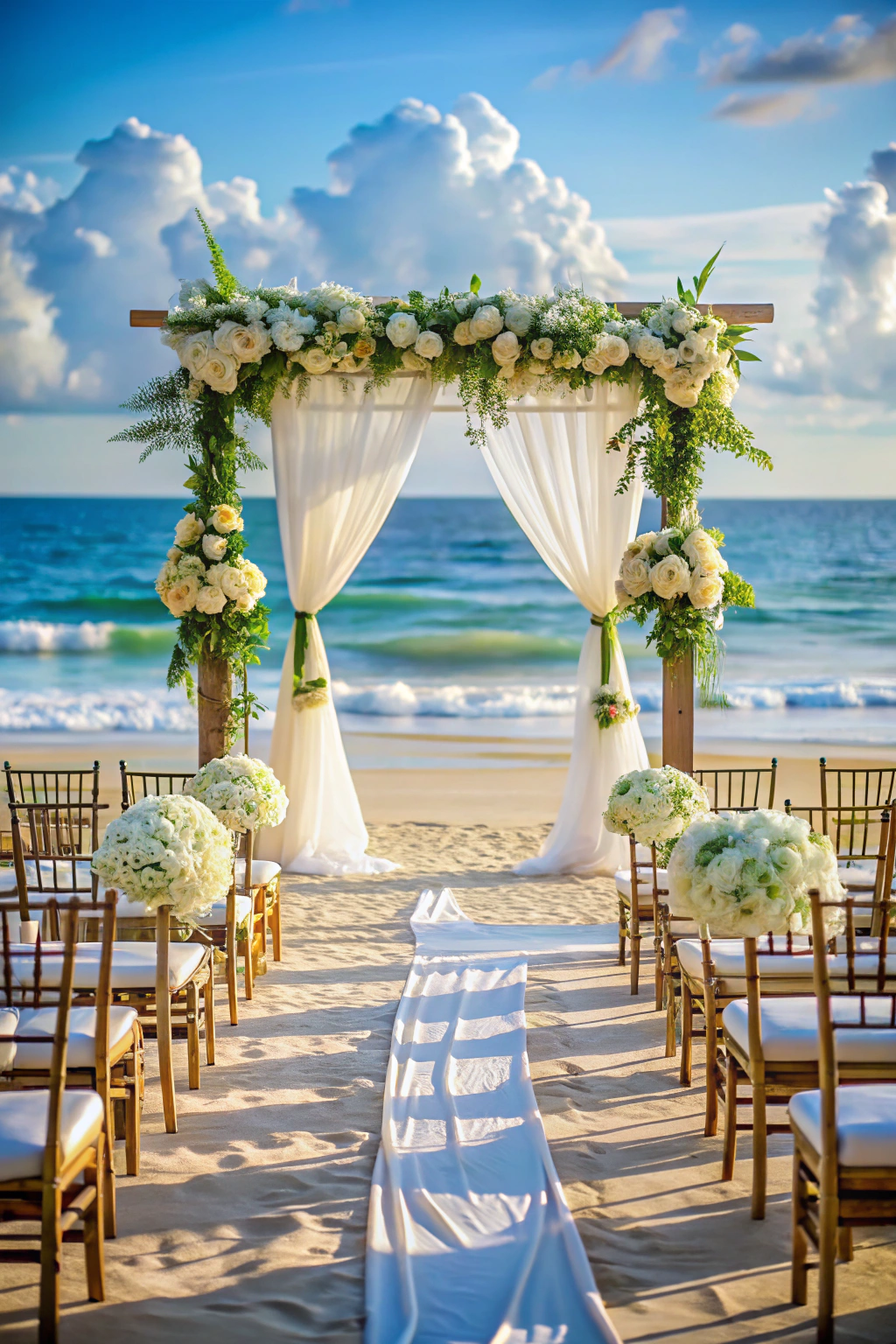 Beach wedding aisle with floral arch and chairs on sandy shore