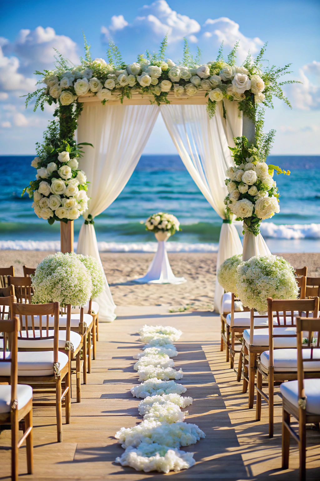 Romantic beach wedding setup with floral arch and aisle