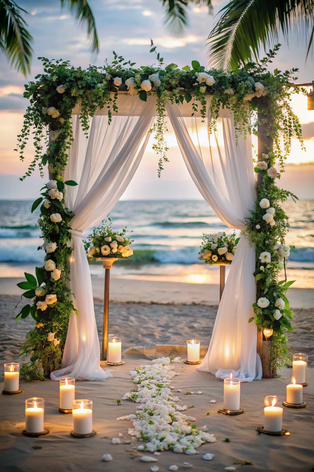 Beachside wedding altar with candles and flowers