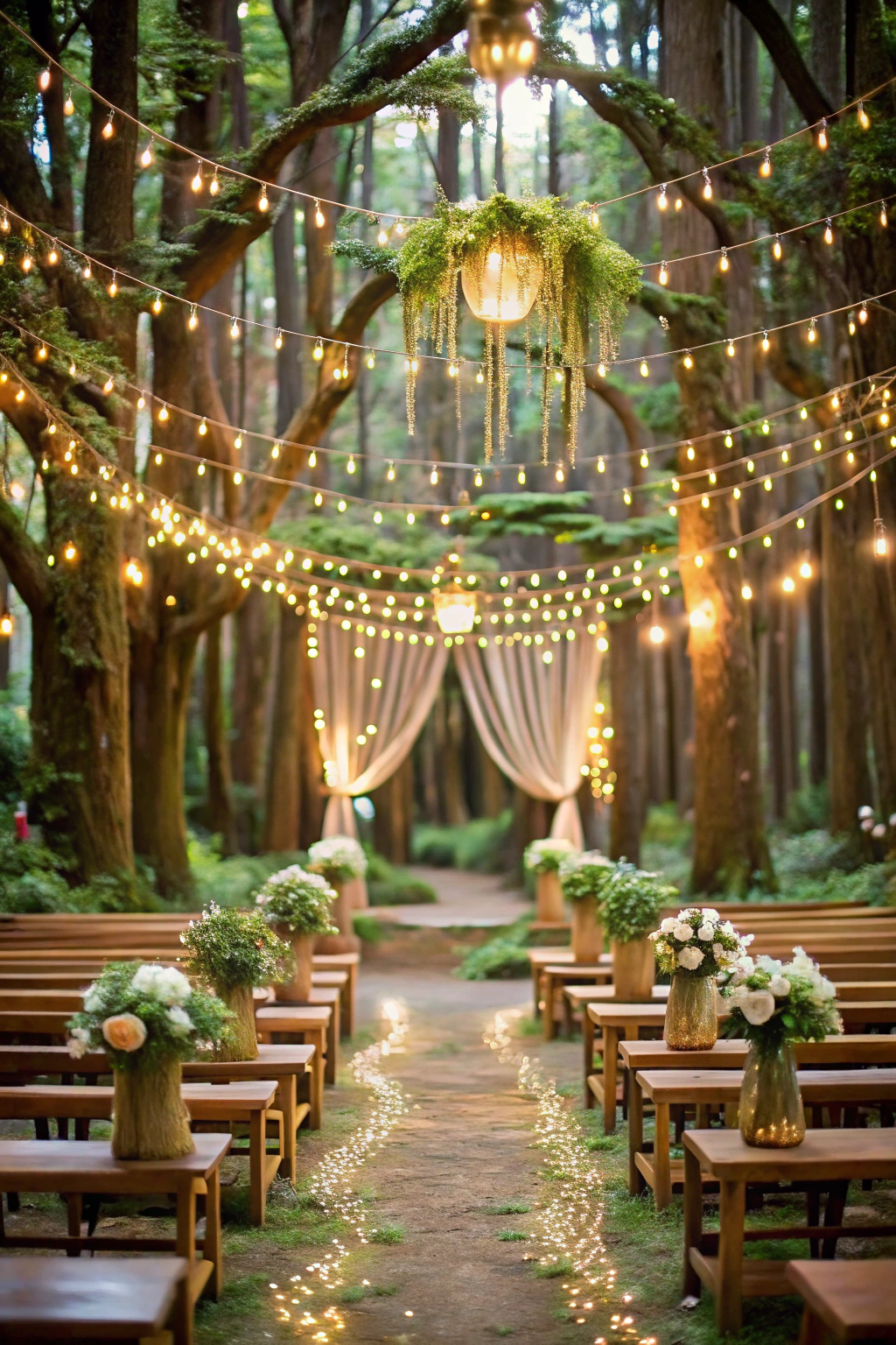 Fairy lights strung in forest wedding decor