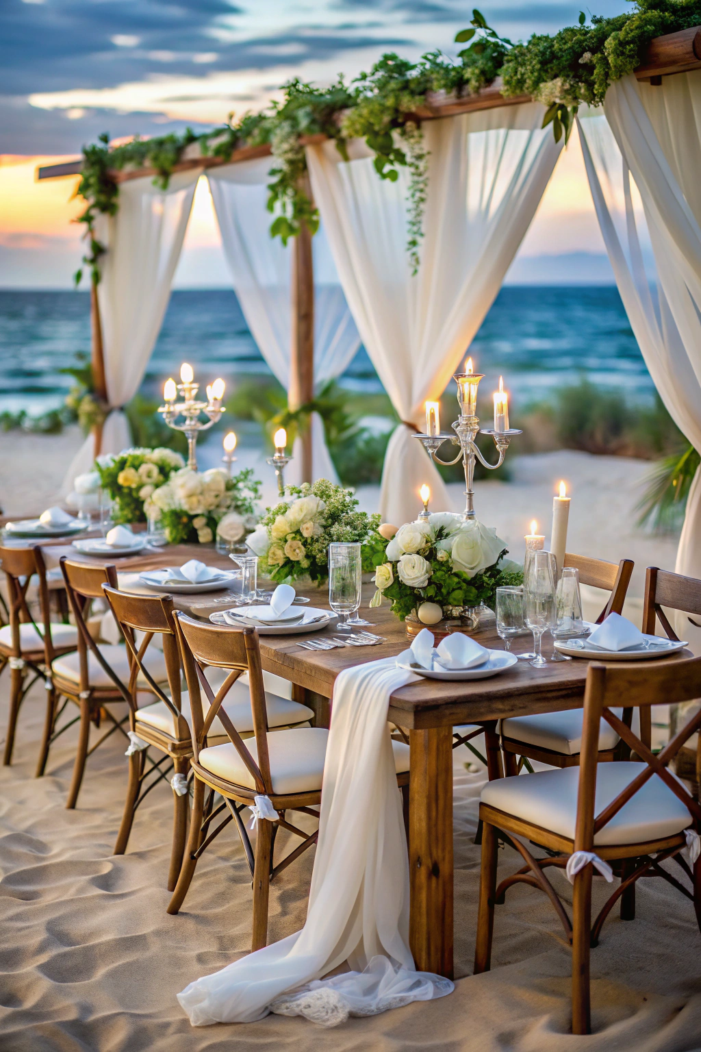 Elegant beach wedding table setup by the ocean