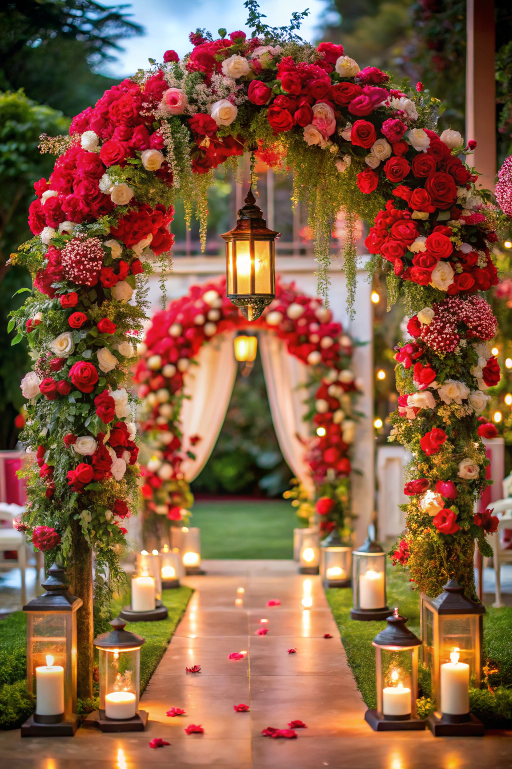 Pathway with arches of red roses and glowing lanterns