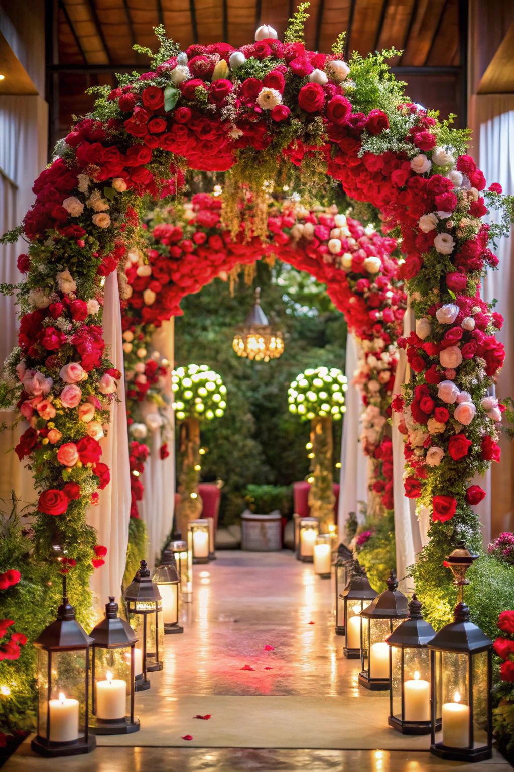 Floral archway adorned with vibrant roses and soft candlelight