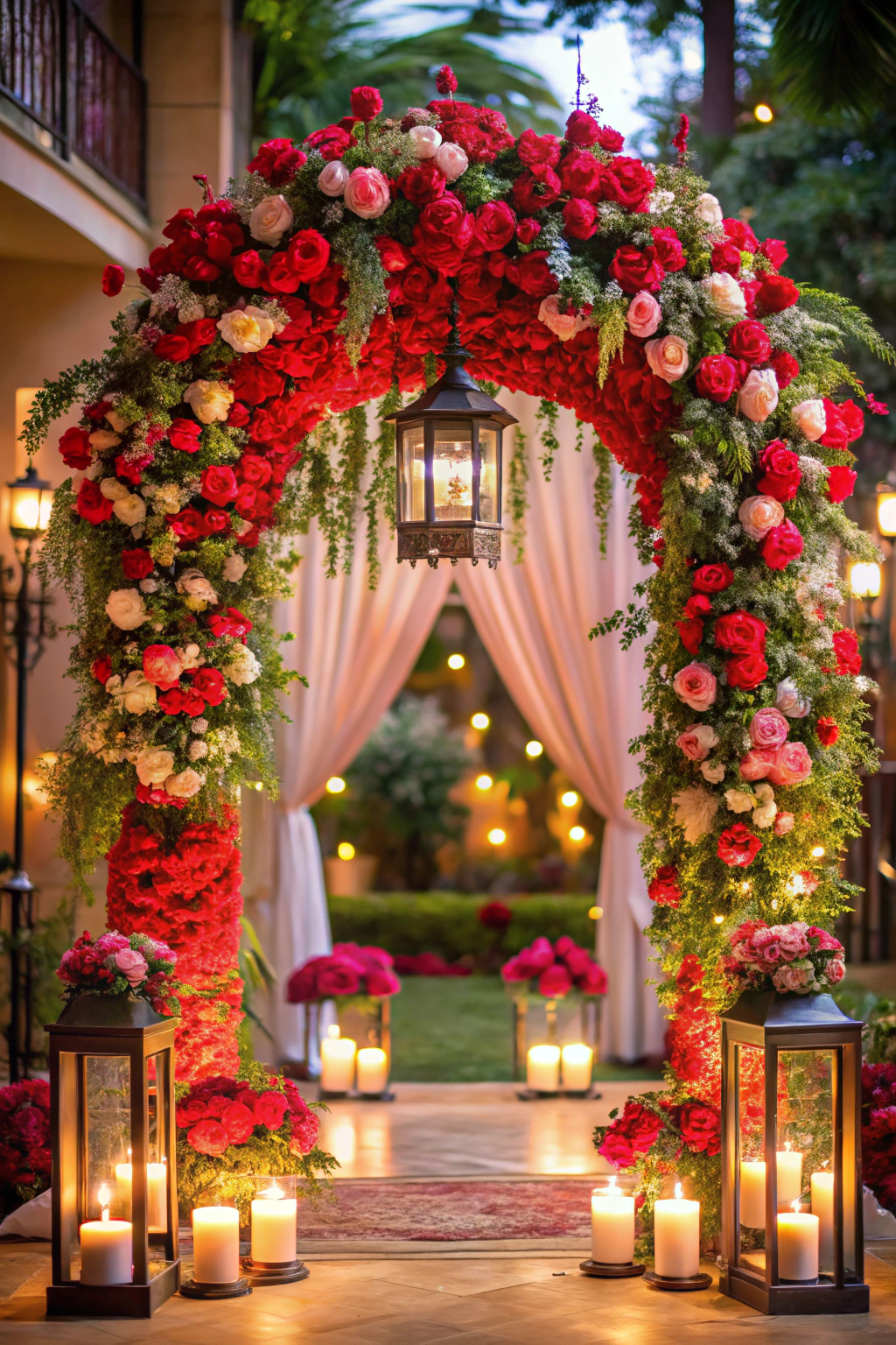 Floral archway decorated with roses and lanterns, surrounded by candles