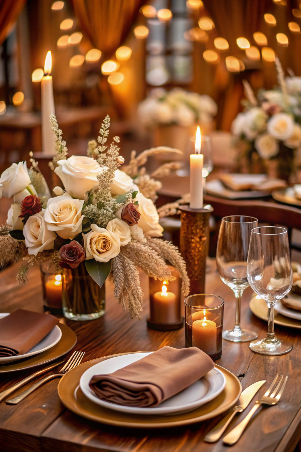 Elegant brown and white wedding table setting with candles