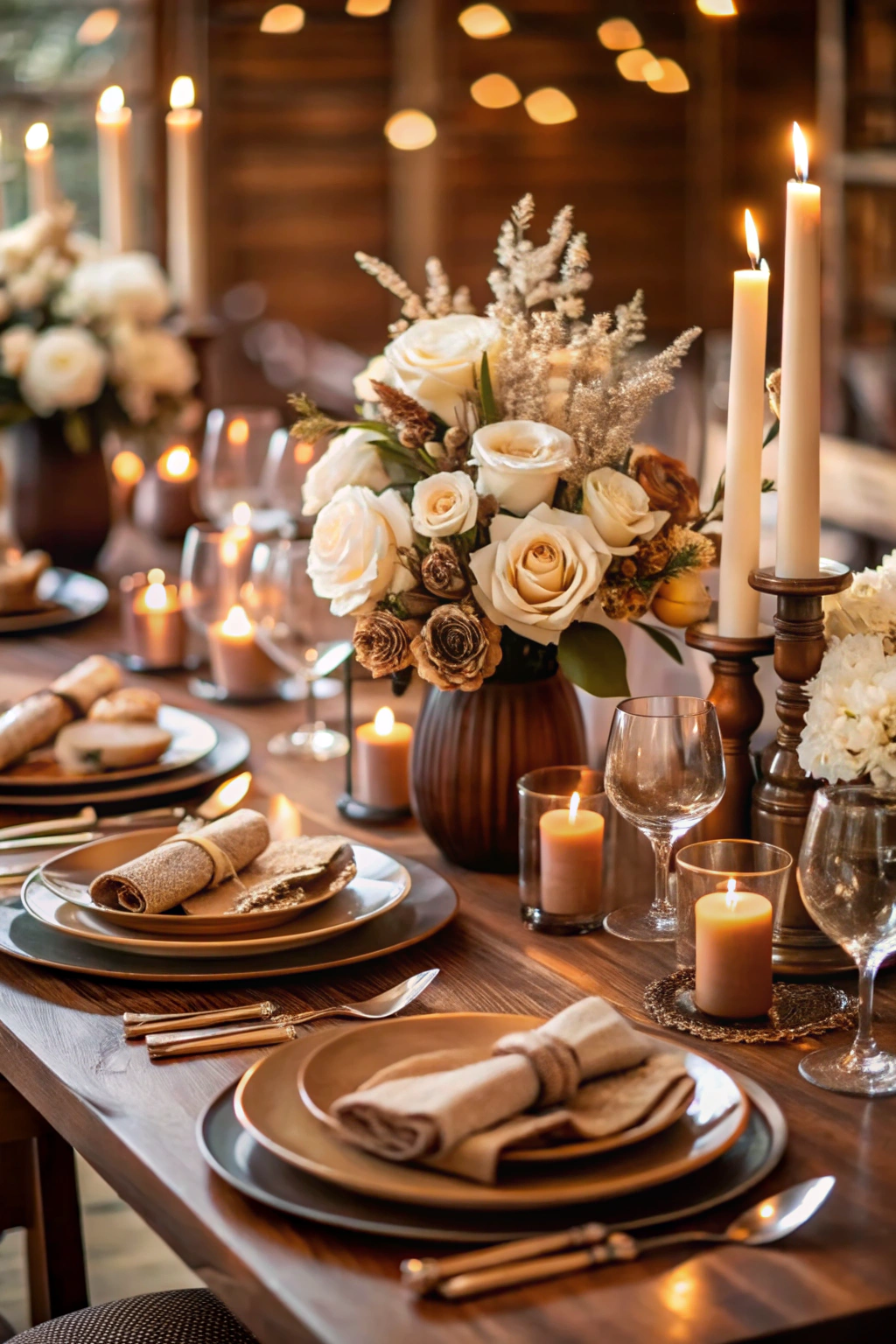 Table decorated with elegant brown and ivory accents