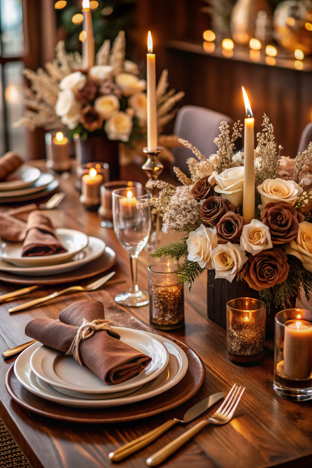 Table set with brown decor, flowers, and candles