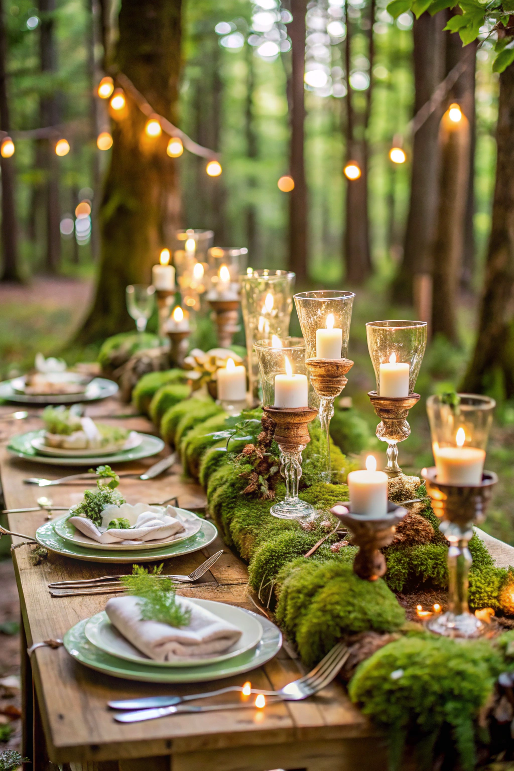 Woodland table adorned with candles and moss