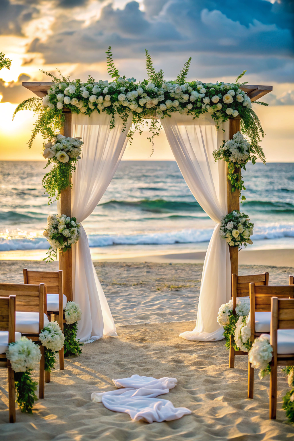 Beachfront wedding setup with floral arch and chairs