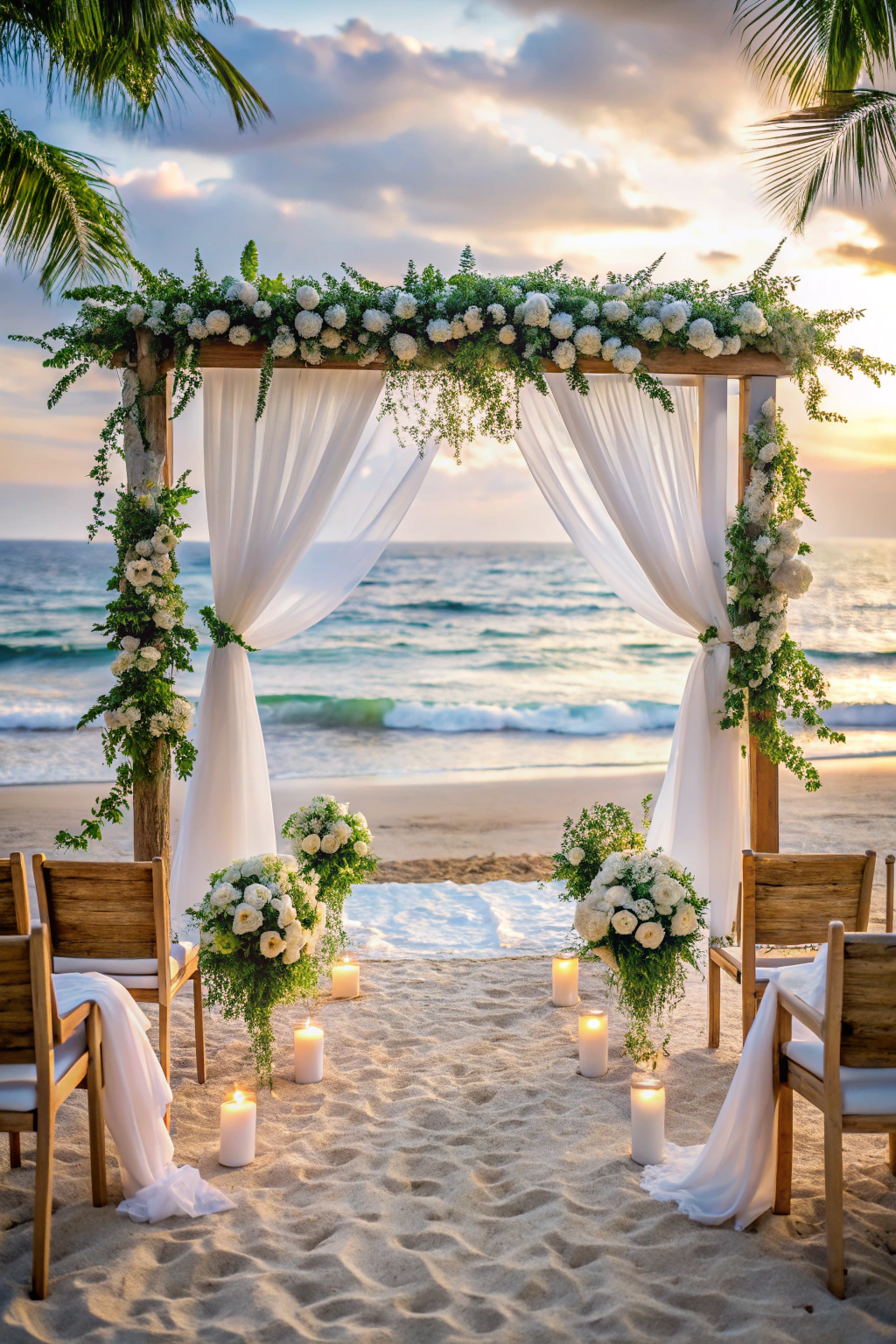 Beachfront wedding arch adorned with flowers and white drapes