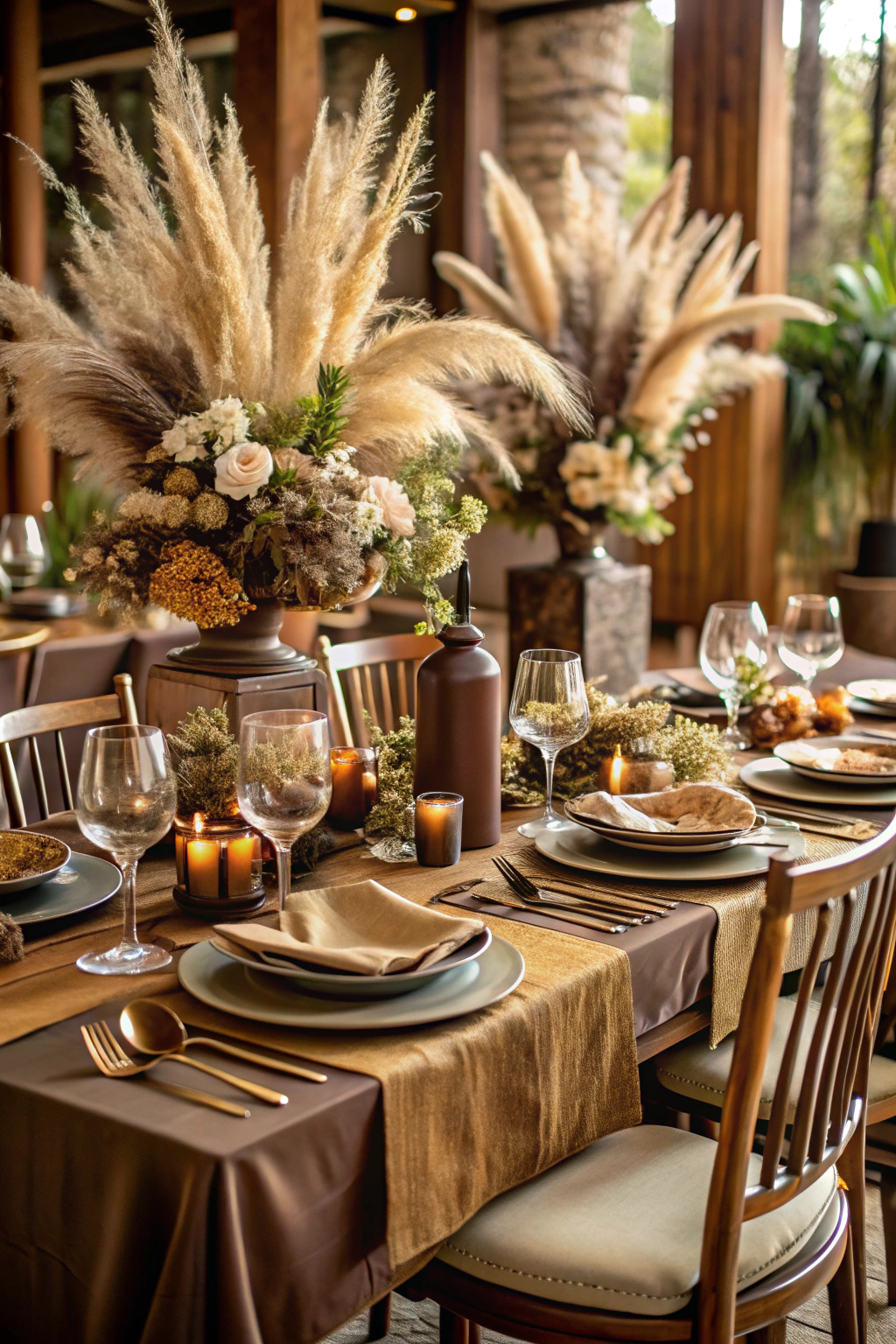 Earthy wedding table setting with pampas grass centerpiece