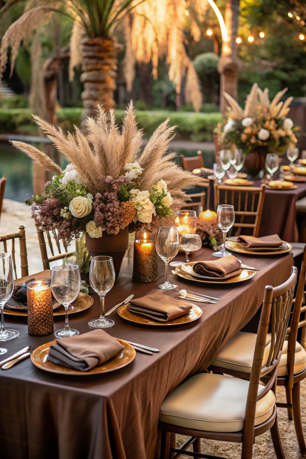 Elegant brown-themed wedding table with candles and floral centerpiece