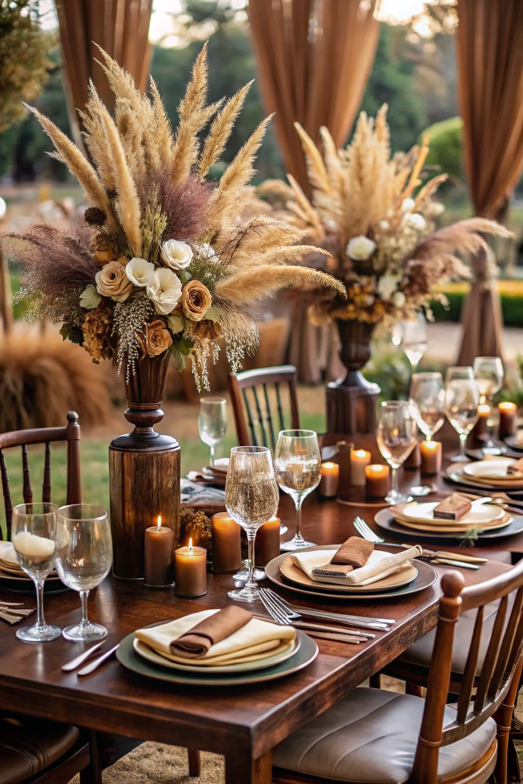 Elegant table with brown-themed decor featuring pampas grass centerpieces