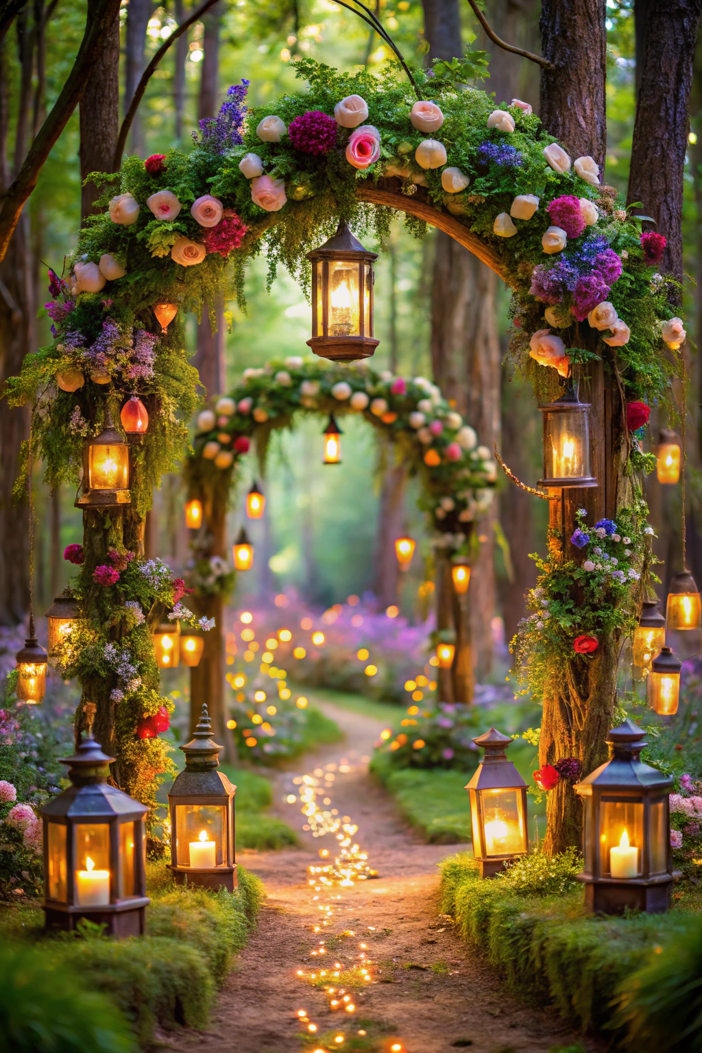 Lantern-lit wedding path under floral arches