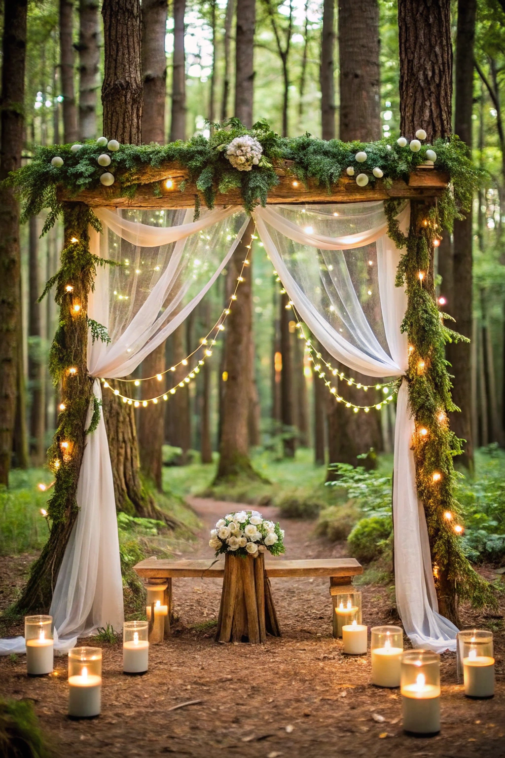 Woodland wedding altar draped with sheer fabric and fairy lights, surrounded by candles