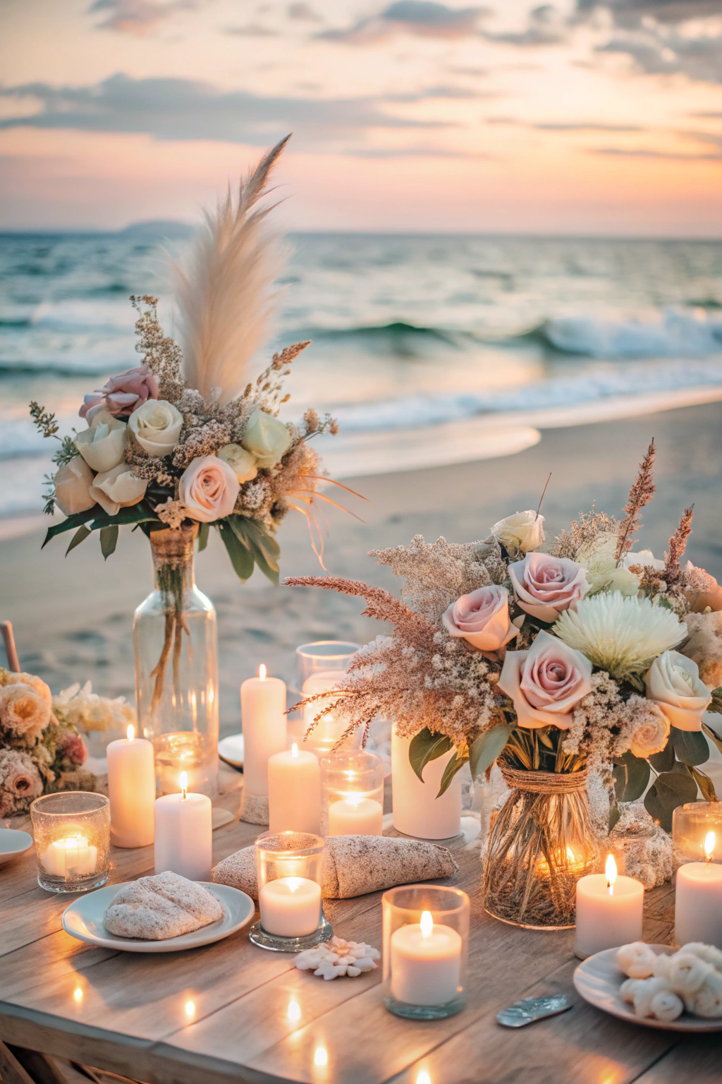 Beach wedding table with flowers and candles