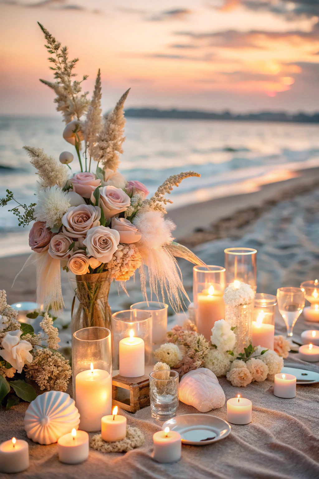 Romantic beachside table setting with flowers and candles