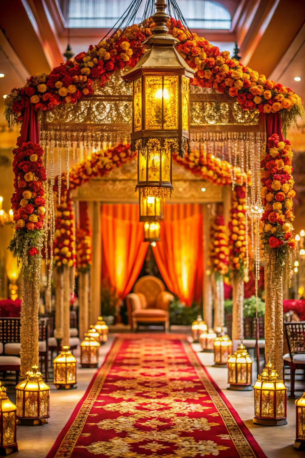 Ornate wedding arch adorned with vibrant roses and lanterns