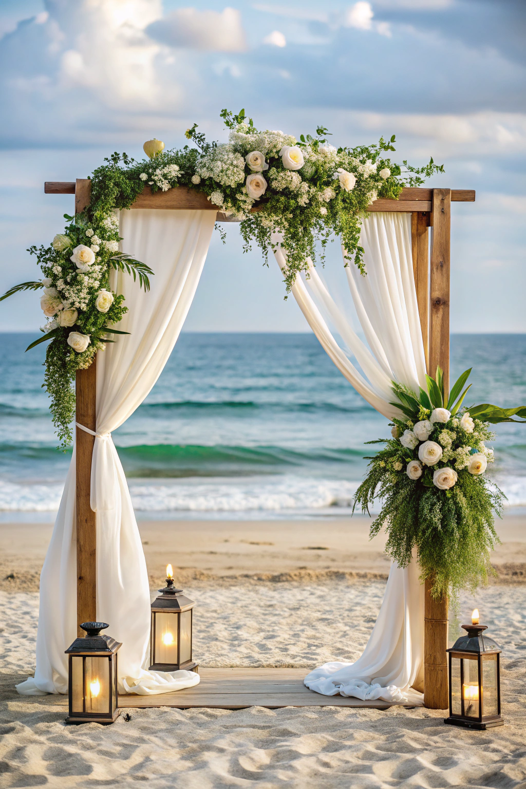 Beach wedding arch adorned with flowers and lanterns