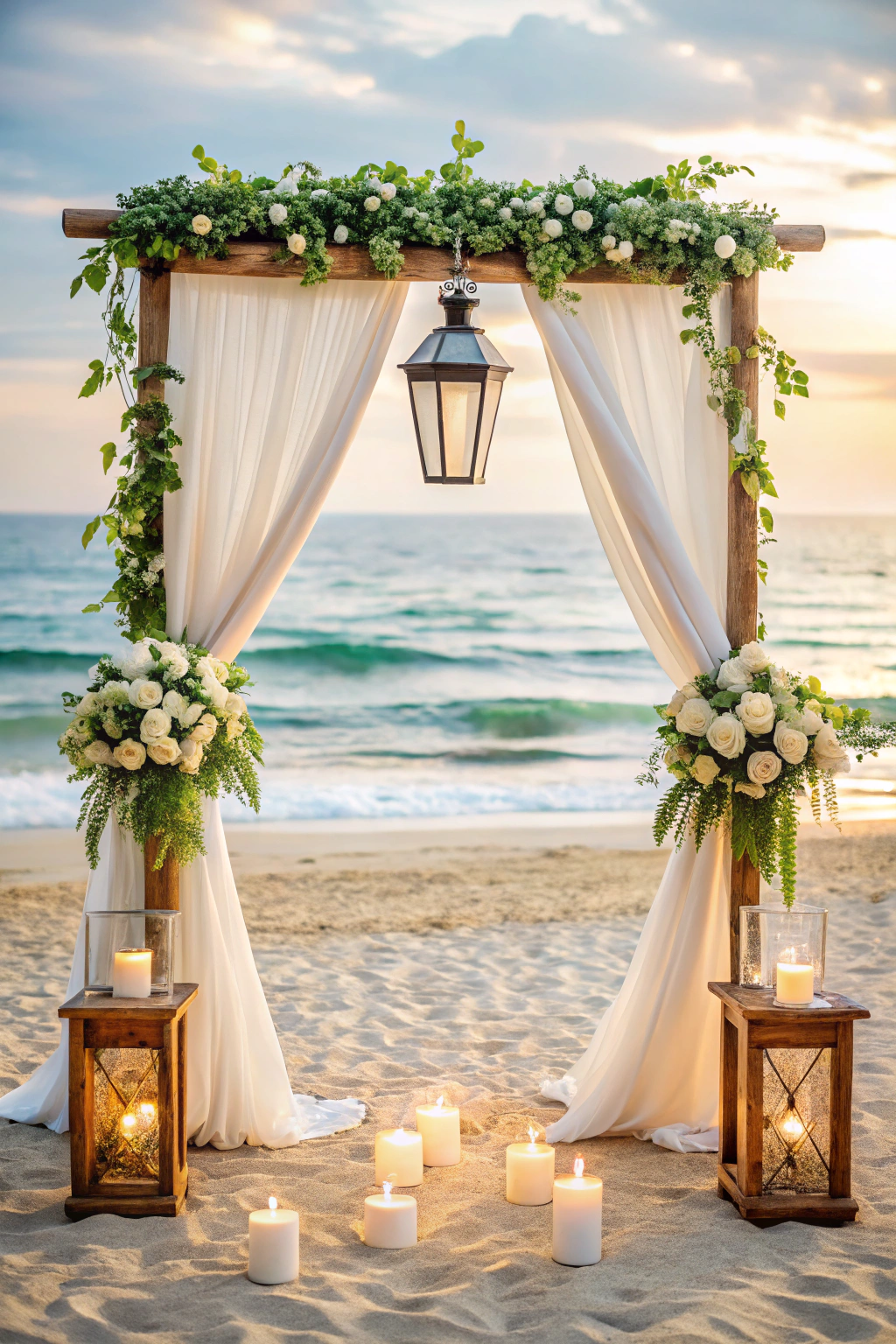 Beachside wedding arch with flowers and candles