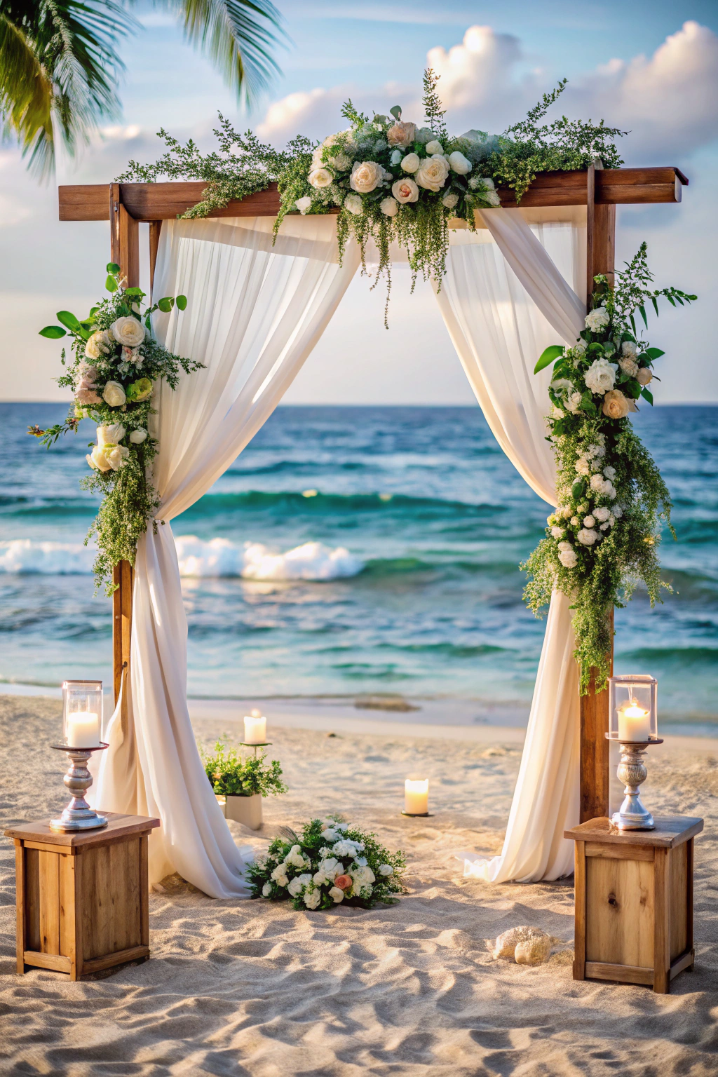 Floral arch on sandy beach with ocean backdrop